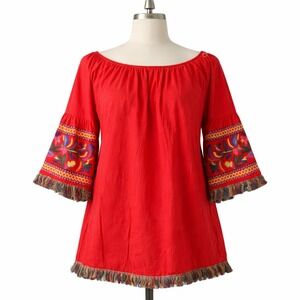 Velzera Womens 1XL Red Embroidered Boho Tunic Top Fringe Cotton Peasant Indie